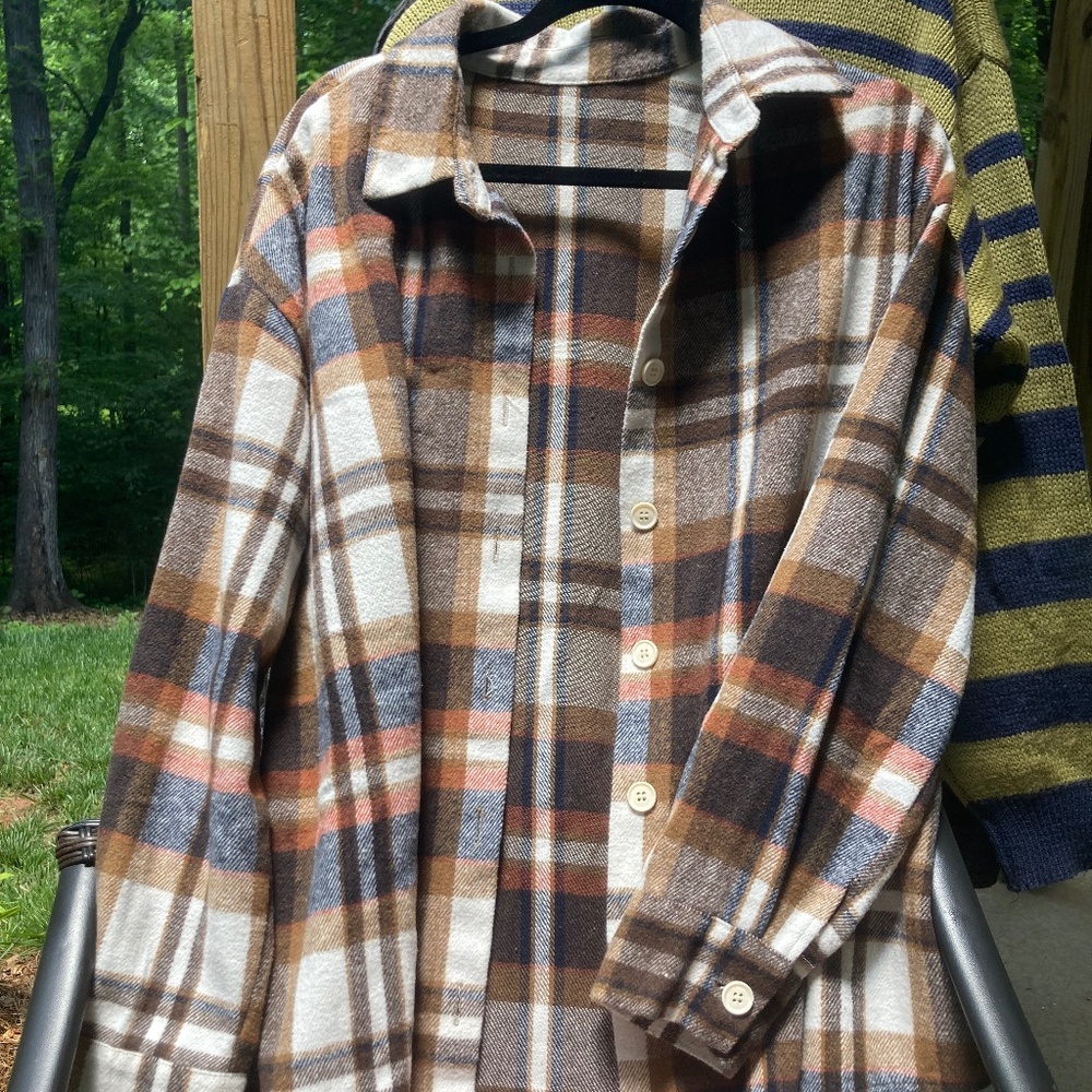 Oversized Fuzzy Flannel - Orange + Blue
